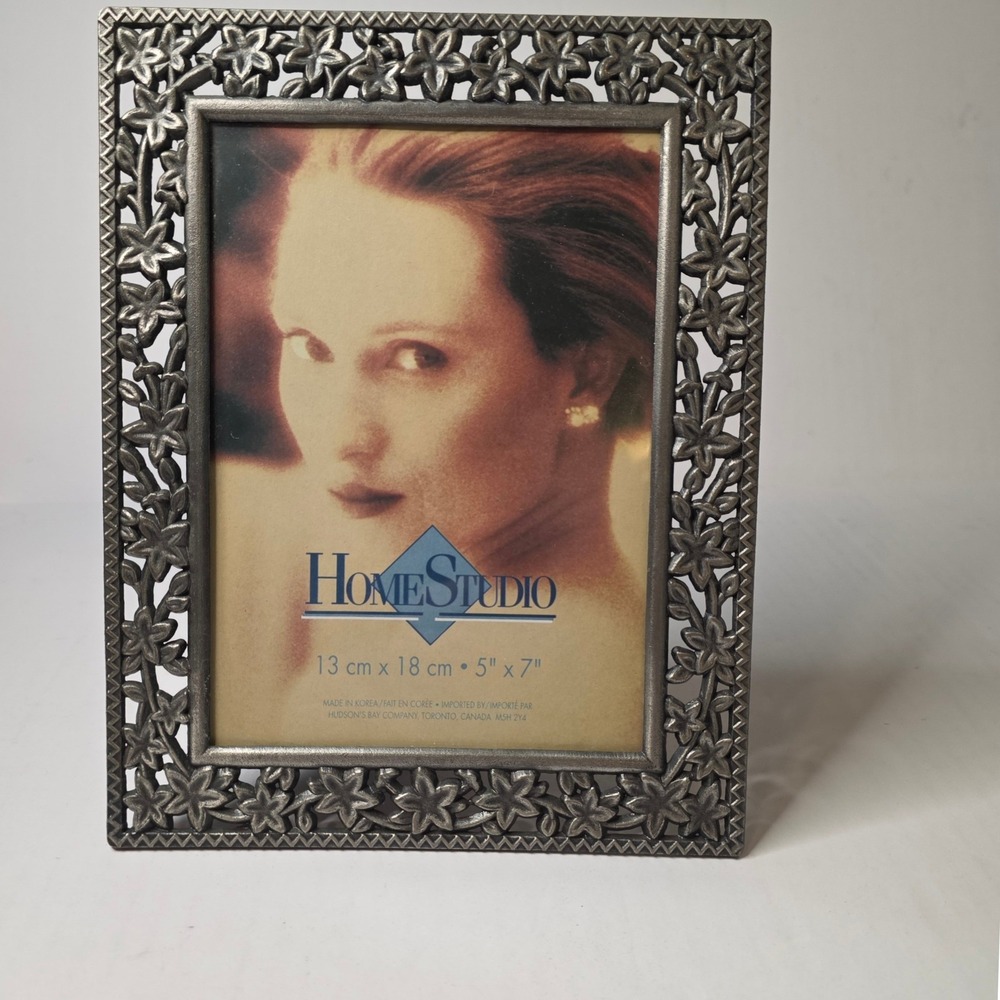 Home Studio 5x7 Metal Picture Frame Floral Openwork Pewter Tone Tabletop Decor
